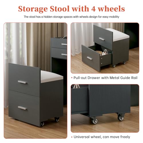 White 3 Drawer Vanity Desk with Mirror and Stool R740783