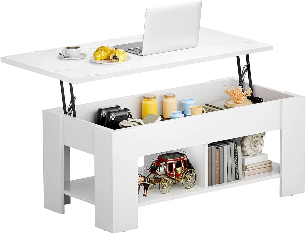 White Marble Lift Top Coffee Table with Storage Compartment and Open Shelves M802884