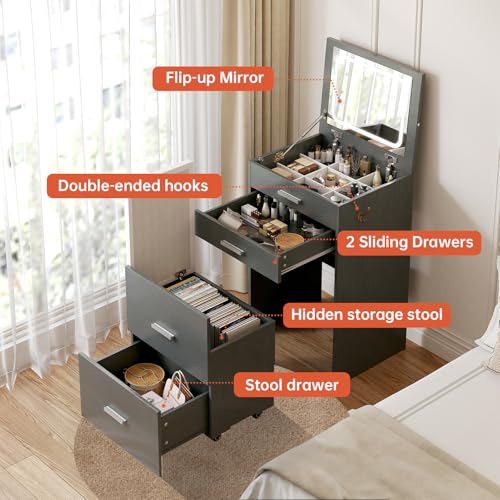 White 3 Drawer Vanity Desk with Mirror and Stool R740783