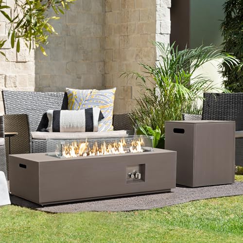 Propane Fire Pit Table Set with Tank Holder, 50,000 BTU Outdoor Firepit Table, Wind Guard & Glass Stones, Rectangular Fire Table X946485