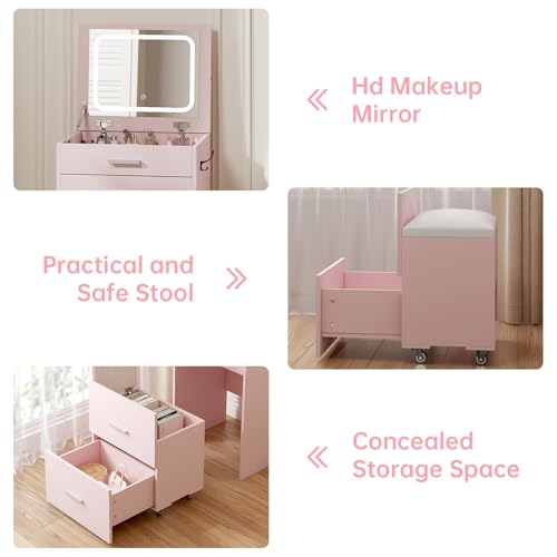 White 3 Drawer Vanity Desk with Mirror and Stool R740783