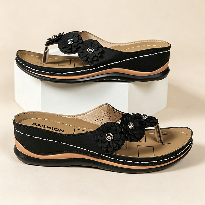 Women's 3D Flower Decor Faux Suede Wedge Flip Flops