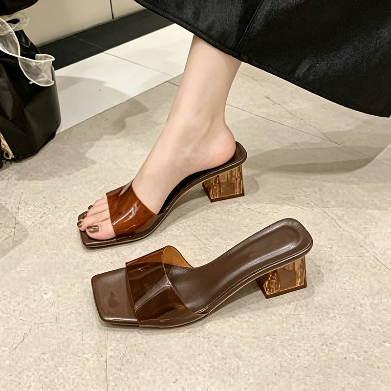 Women's Square Toe Clear Heel Mules Transparent Block Heel Sandals