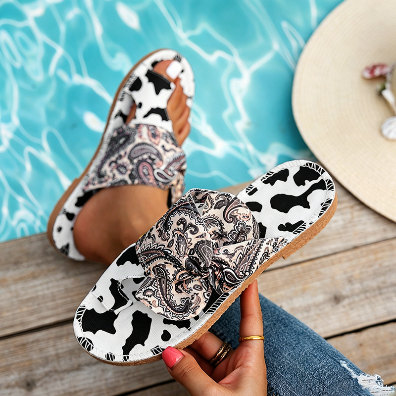 Women's Printed Bow-Detail Open-Toe Flat Slides