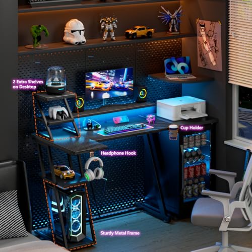 L Shaped Gaming Desk with LED Lights & Power Outlet, 47 Inch Computer Desk with Extra Storage Shelves, Reversible Gamer Workstations with Monitor Stand, Carbon Fiber Black G926