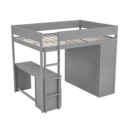 White Full Size Wooden Loft Bed with Storage Wardrobe and Desk A3242