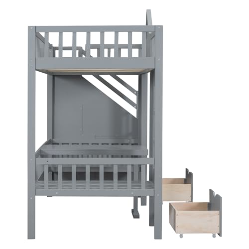 White Wooden Bunk Beds with Stairs and 2 Storage Drawers N6358