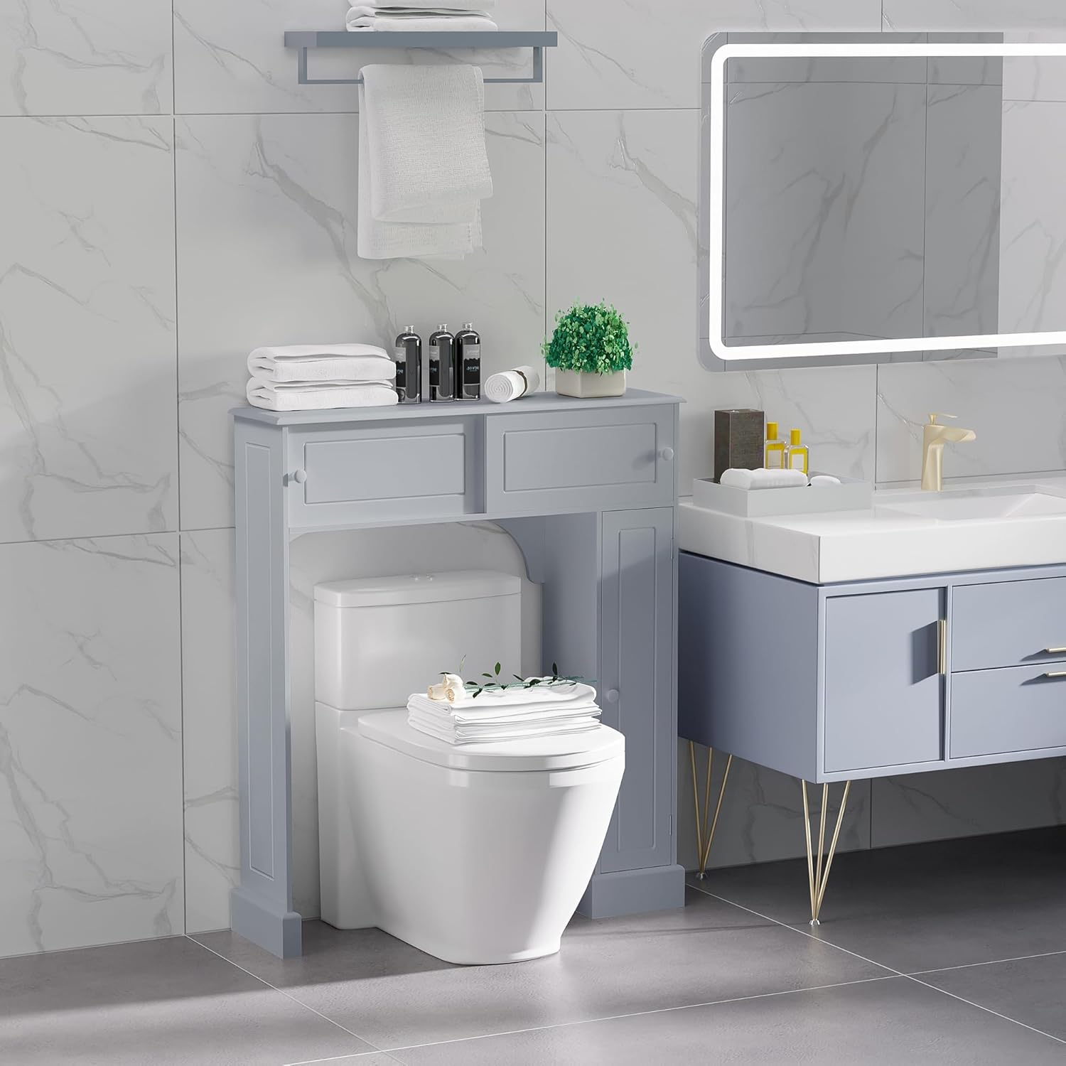 Gray Freestanding Over The Toilet Bathroom Cabinet with Adjustable Shelves T675163