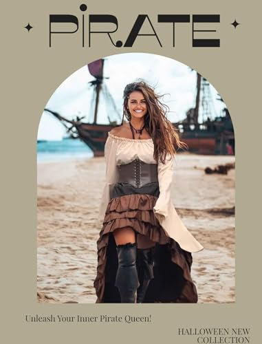 Beige+Brown Women Pirate Costume with Shirt Skirt Corset Waist Belt F553138