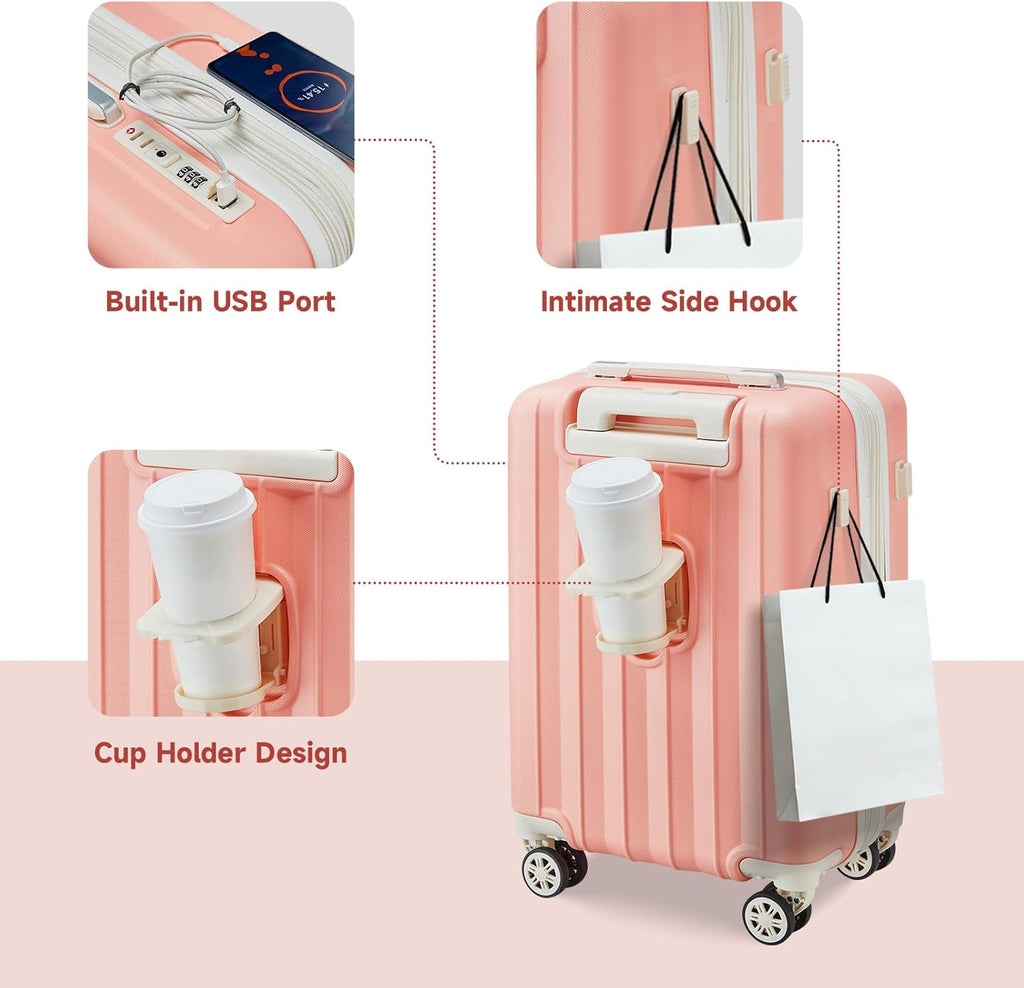 4 Piece Hardside Expandable Luggage Set with Spinner Wheels TSA Lock, Pink Beige W1477
