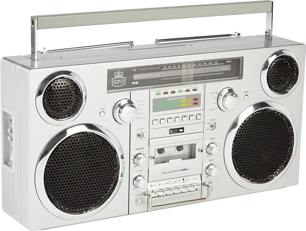 Silver Portable Boombox with CD Player Cassette Player FM Radio USB Bluetooth Speaker E718