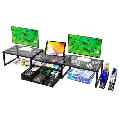 Black Dual Metal Monitor Stand with Drawer and Pen Holder E368322