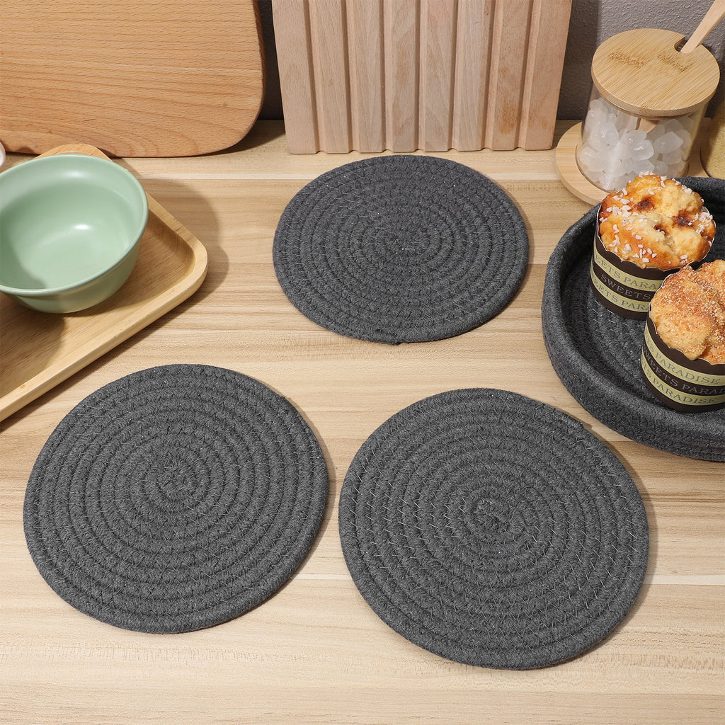 Dark Grey Cotton Rope Placemat Set Round Woven Coasters V3429