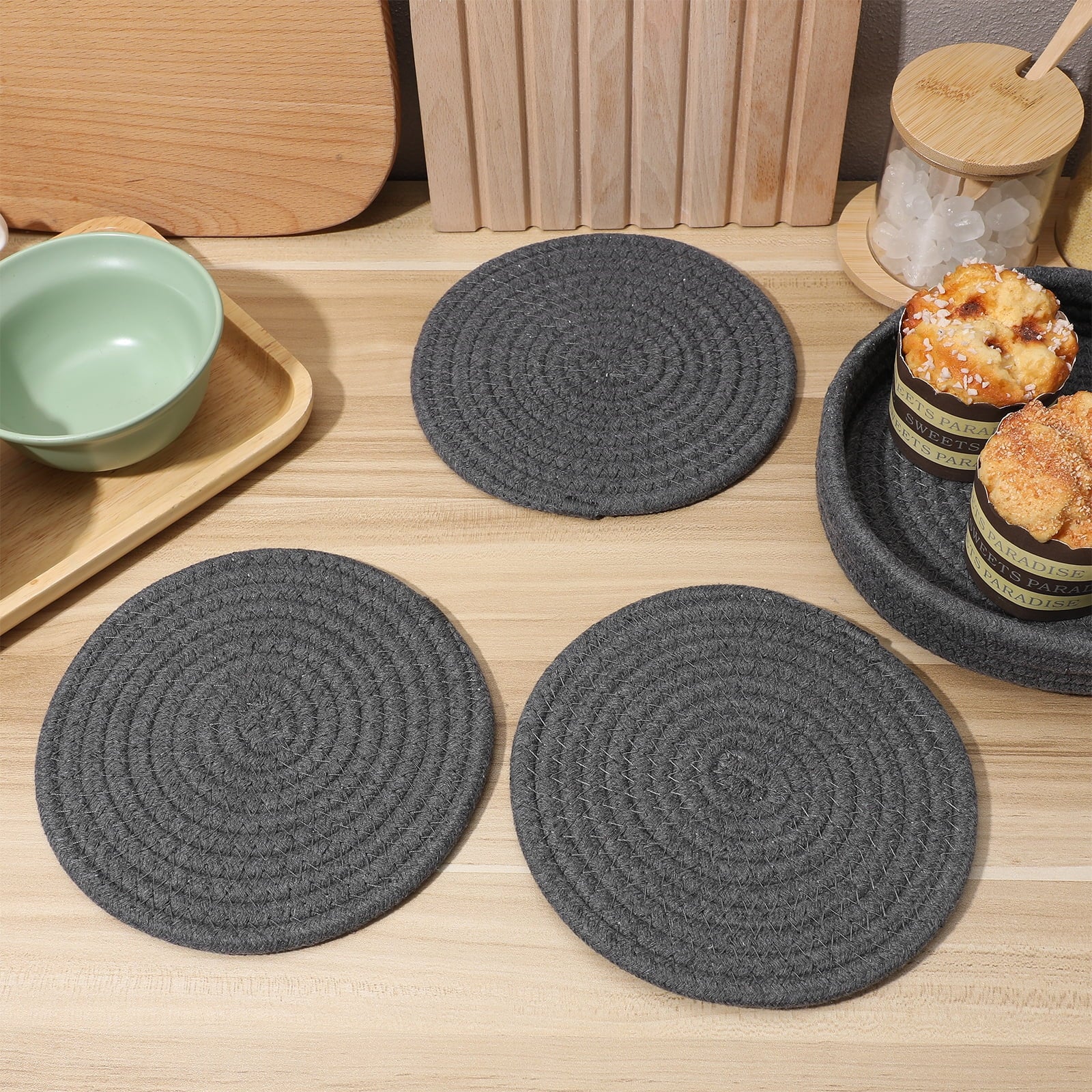 Dark Grey Cotton Rope Placemat Set Round Woven Coasters V3429