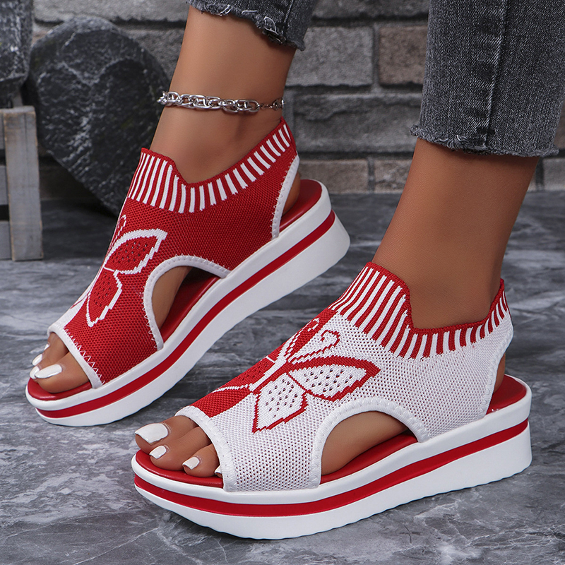 Women's Butterfly Print Knit Slip On Platform Wedge Sandals Open Toe Cutout  Casual  Shoes