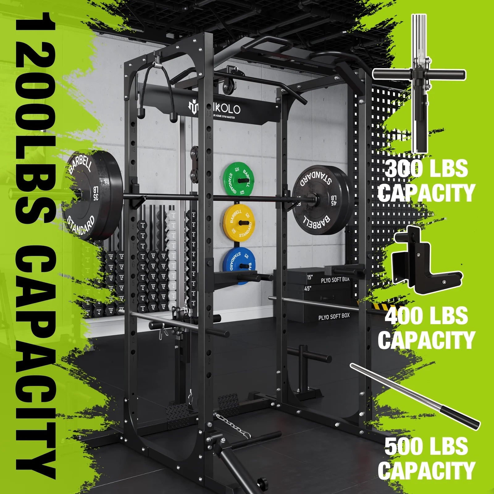 Power Rack Cage with LAT Pulldown System, 1200LBS Capacity, 13-Level Adjustable Height J320345