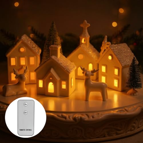 9 Piece Christmas Village Sets with 4 Remote Control Lighted Ceramic Houses, 2 Trees, 2 Deer & Santa L236147