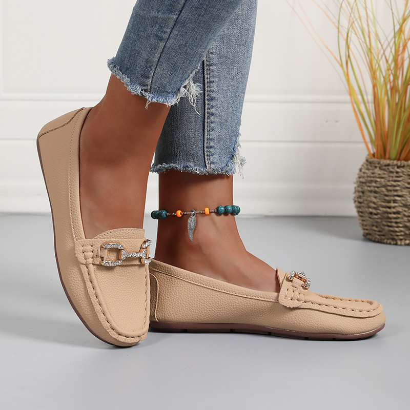 Women's Rhinestone Metal-Buckle Flats – Soft Faux Leather Slip-Ons