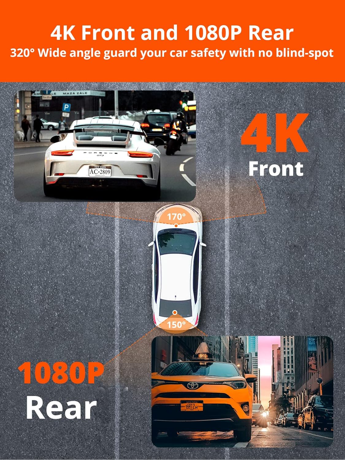4K Front and Rear Dual Dash Cam with WiFi, Night Vision, Black Z848754