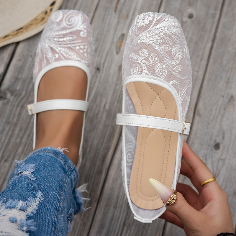 Women's Floral Lace Mesh Flats – Breathable Tulle Mesh for Everyday Wear