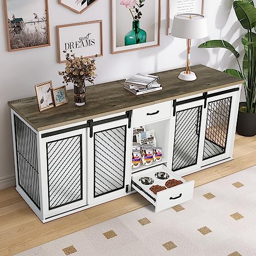 White 85" Sliding Door Double Dog Crate Kennel Furniture with 4 Dog Bowls and Drawer A254
