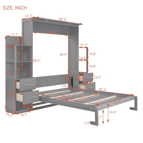 Gray Queen Size Wood Wall Bed with Shelves and Drawers T2974