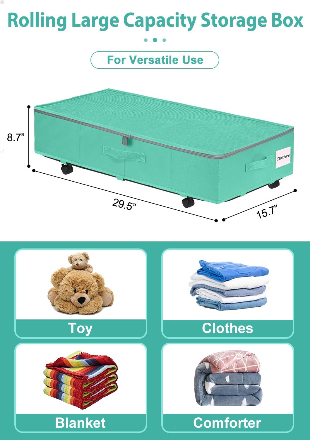 Teal Blue Under Bed Storage Containers with Wheels, 2 Pack Large Foldable Z945031