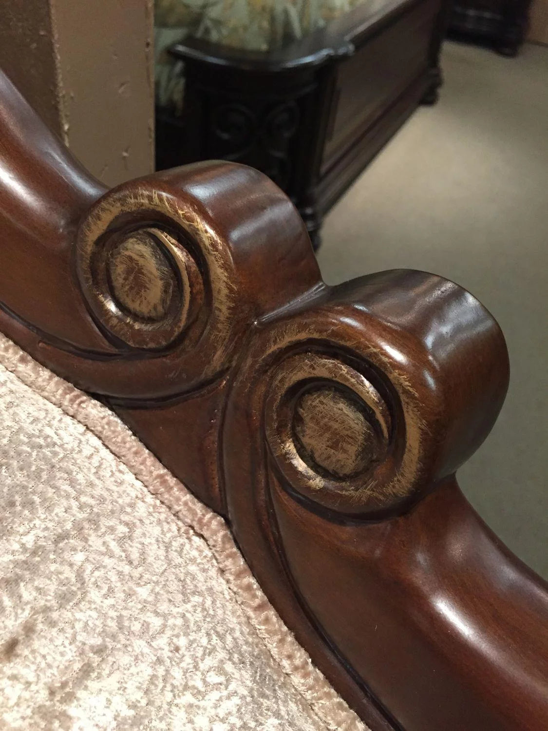 French Beige Chenille Carved Wood Loveseat U71600