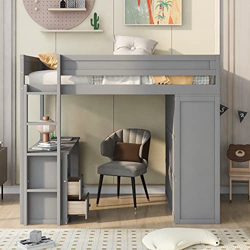 White Full Size Wooden Loft Bed with Storage Wardrobe and Desk A3242
