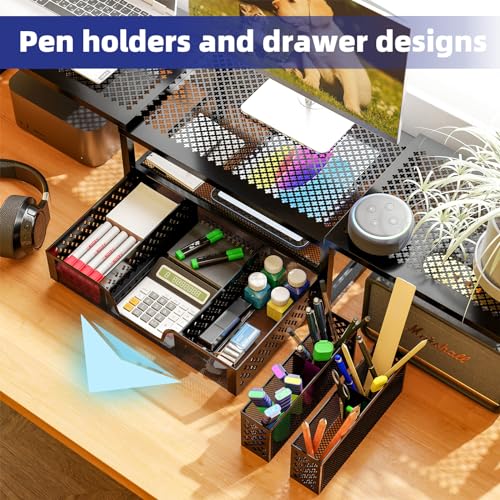 Black Dual Metal Monitor Stand with Drawer and Pen Holder E368322