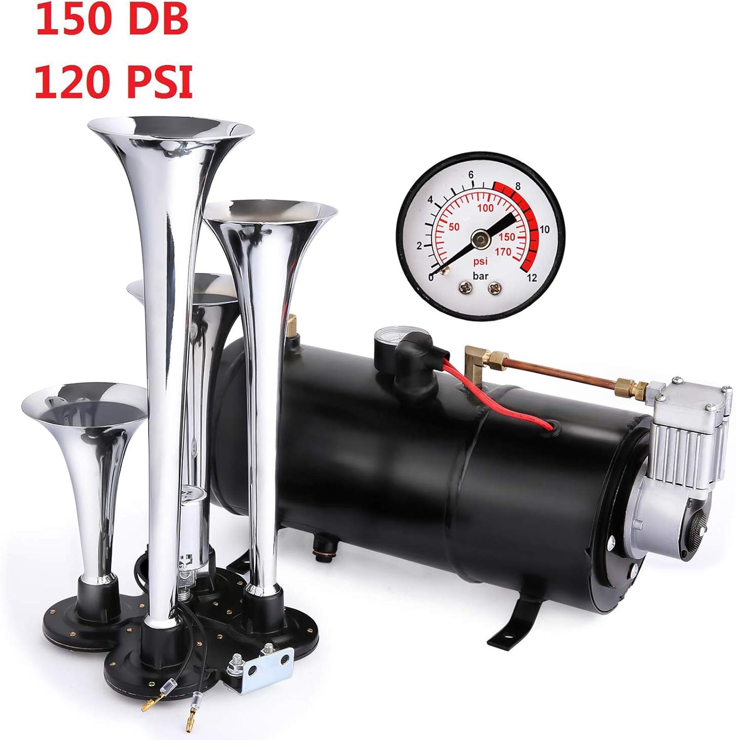4 Air Horn Trumpet with 120 PSI 12V Compressor and Gauge Y8604
