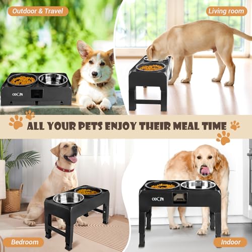 6 Height Adjustable Raised Dog Bowls with 2 Stainless Steel & 1 Slow Feeder Dog Food Bowls, Non-Slip Dog Food Stand with Catchment Drawer I9979