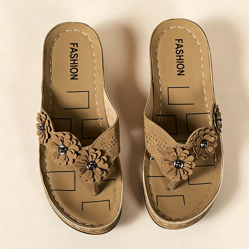 Women's 3D Flower Decor Faux Suede Wedge Flip Flops