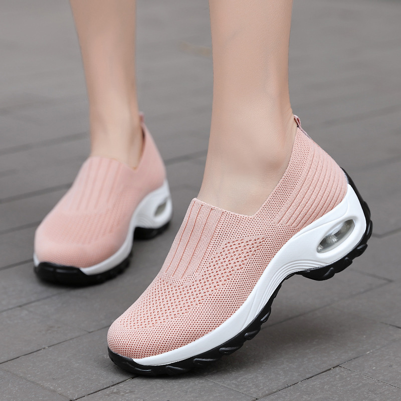 Women's Slip On Air Cushion Platform Sneakers Breathable Knit Walking Shoes Comfort Wedge Casual Loafers