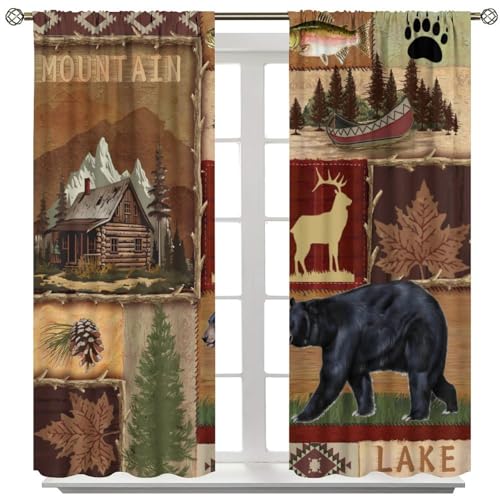 Rustic Bear Moose Deer Curtains, Retro Pine Tree Cabin Country Lodge Camping Window Treatments Vintage Tribal Aztec Abstract Geometric Blackout Window Drapes 42x63in Z10765