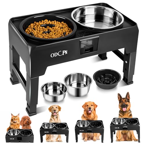 6 Height Adjustable Raised Dog Bowls with 2 Stainless Steel & 1 Slow Feeder Dog Food Bowls, Non-Slip Dog Food Stand with Catchment Drawer I9979