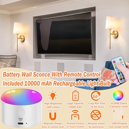 Battery Operated Wall Sconce Set Of Two with Remote Control Dimmable Fabric Linen Shade Y394567