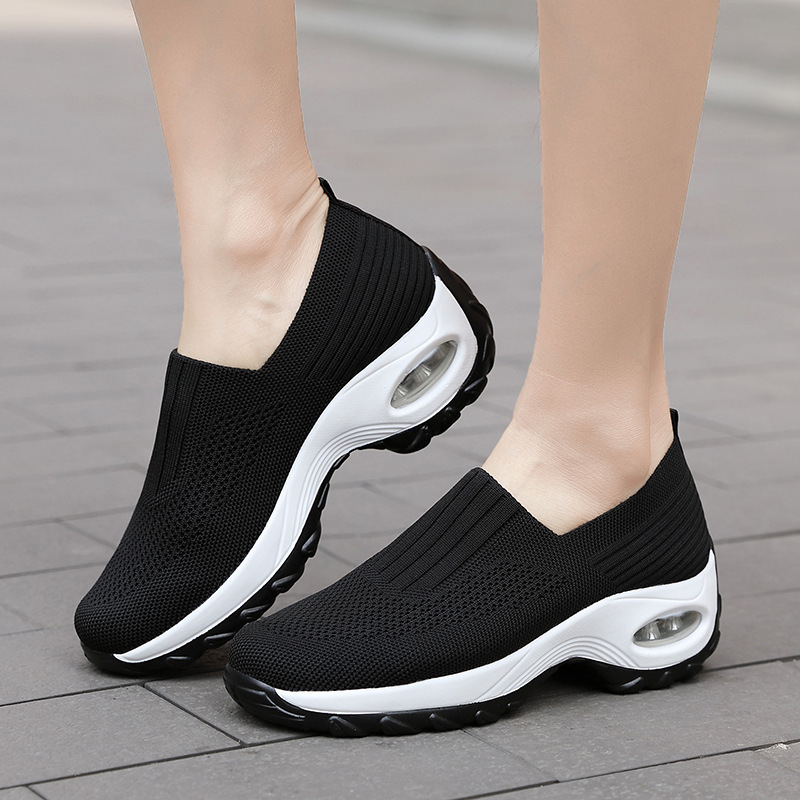 Women's Slip On Air Cushion Platform Sneakers Breathable Knit Walking Shoes Comfort Wedge Casual Loafers