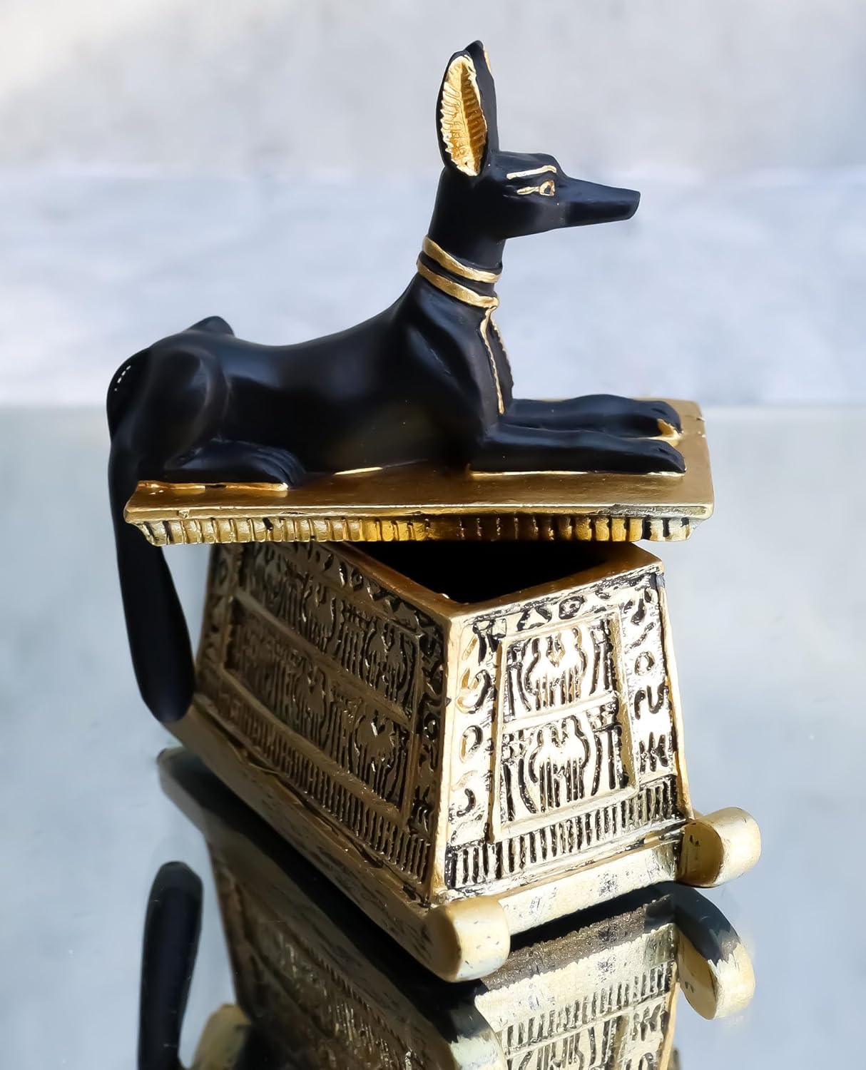 Black And Gold Finish Anubis Dog Cartouche Box Figurine Y6137