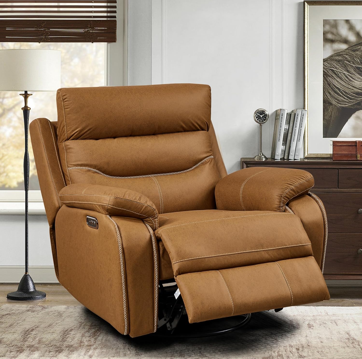 38" Dual Motor Rocking and Swivel Single Sofa Recliner Chair, Power Headrest, Yellow Brown R819636