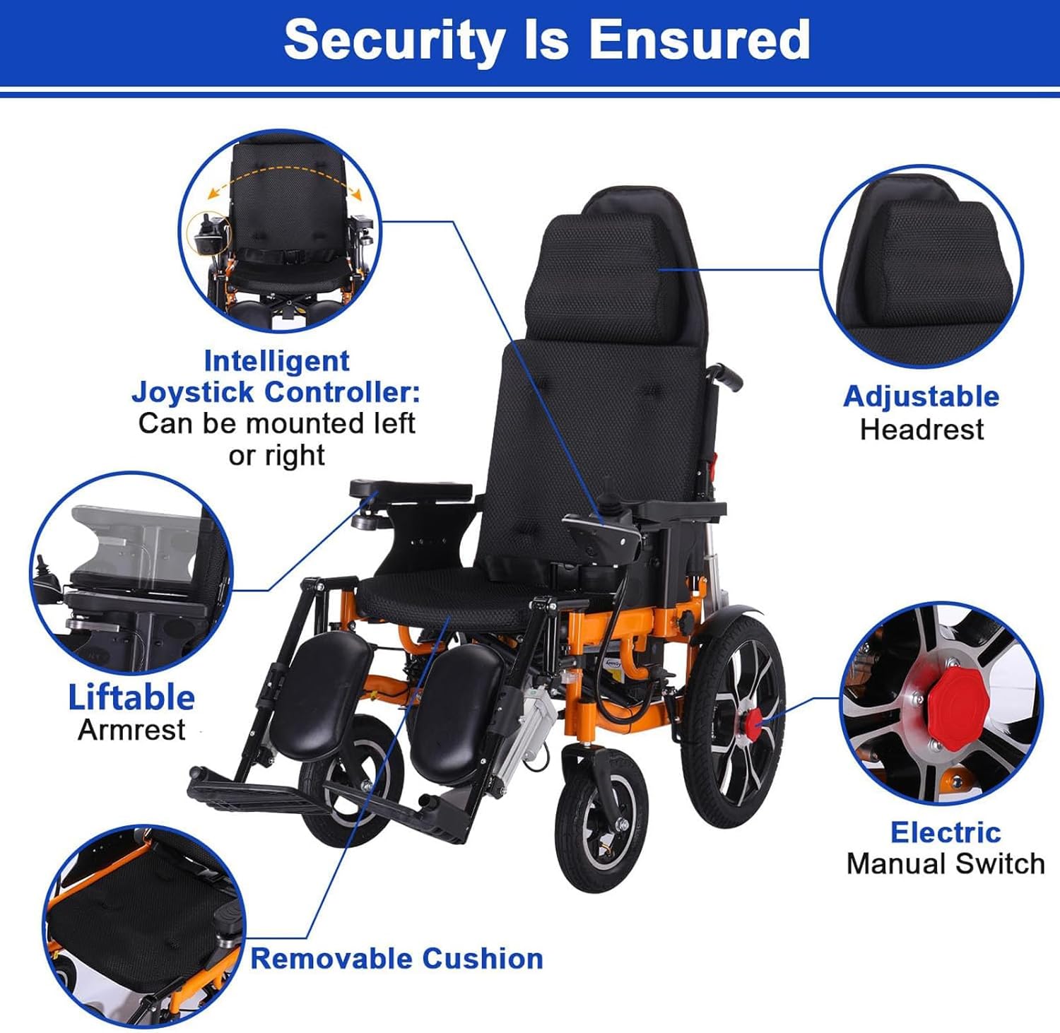 Reclining Foldable Electric Wheelchair with Adjustable Backrest and Pedal, 500W Motor, 20 Mile Range, 12AH Lithium Battery Z73394