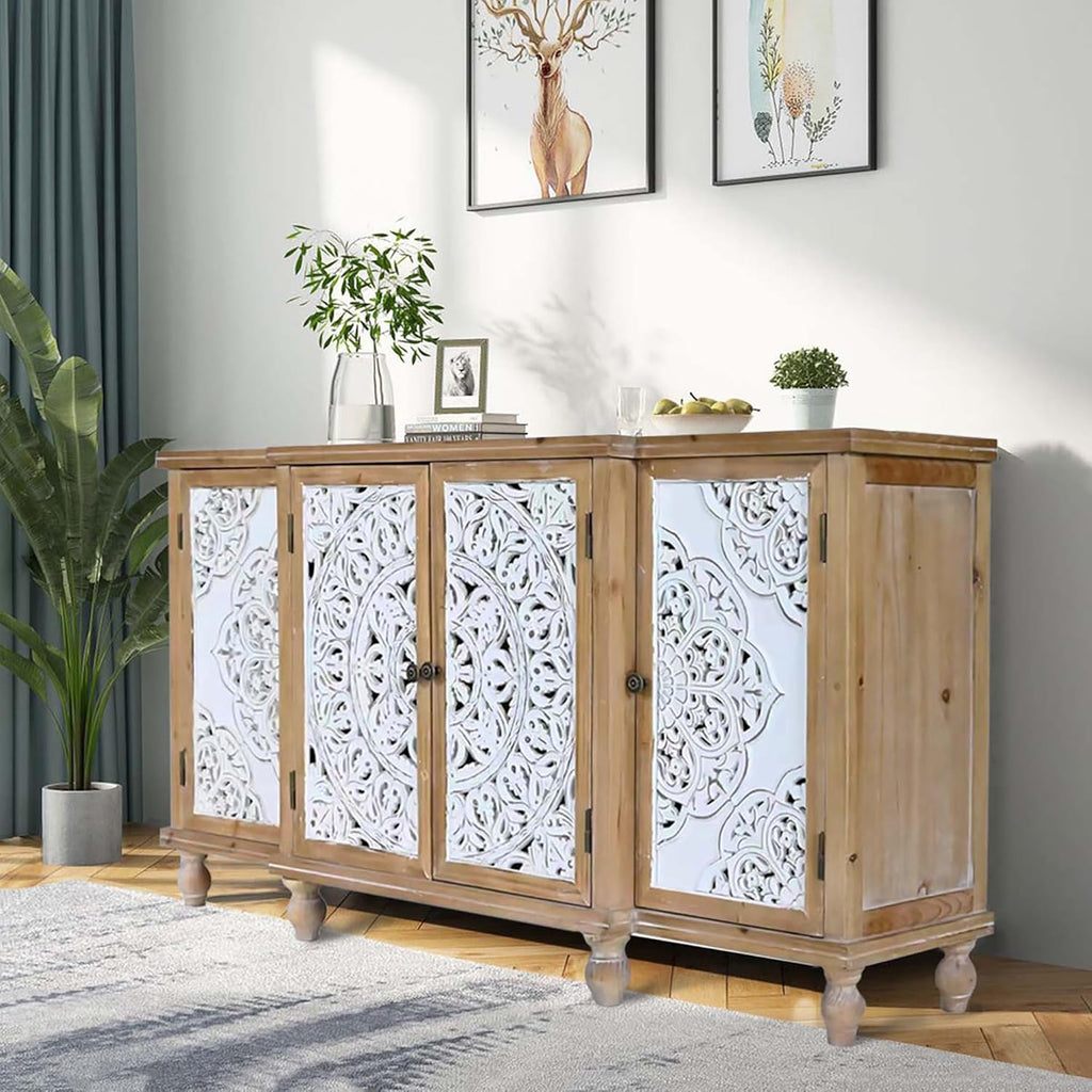 Natural Wood 4-Door Distressed Accent Cabinet with Adjustable Shelves S743432