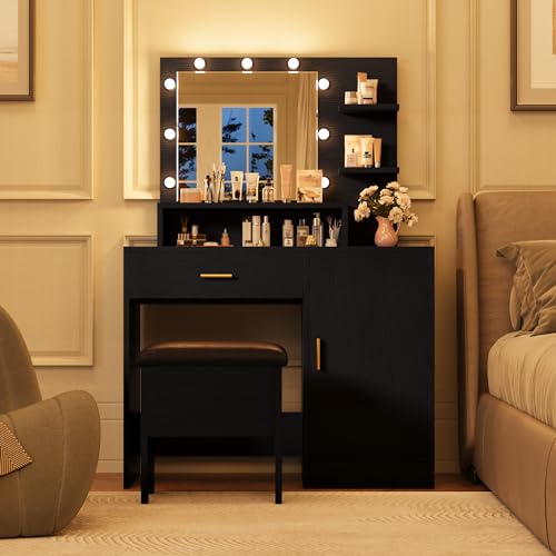 White Vanity Desk with Mirror and Lights and Drawer G773493