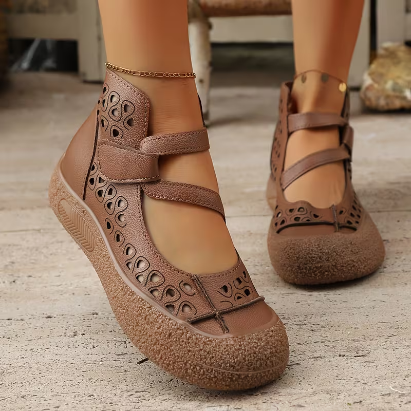 Women Retro Leather Cutout Mary Jane Shoes - Comfortable Breathable Wedge Sandals