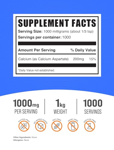 Calcium Aspartate Powder 1000mg (200mg Calcium) per Serving, 500g (1.1 lbs) L464