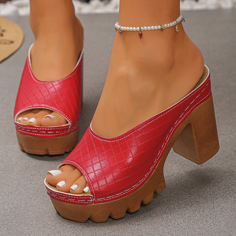 Women's retro faux-leather open-toe platform slides with embossed mesh pattern
