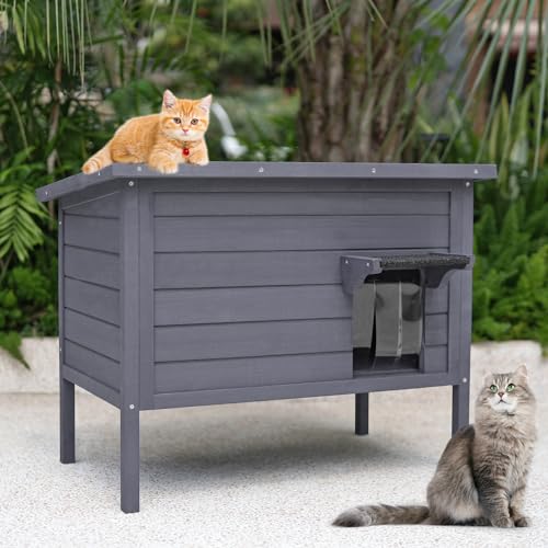 Wooden-Grey Weatherproof Insulated Outdoor Cat House with PVC Door Flaps N3474
