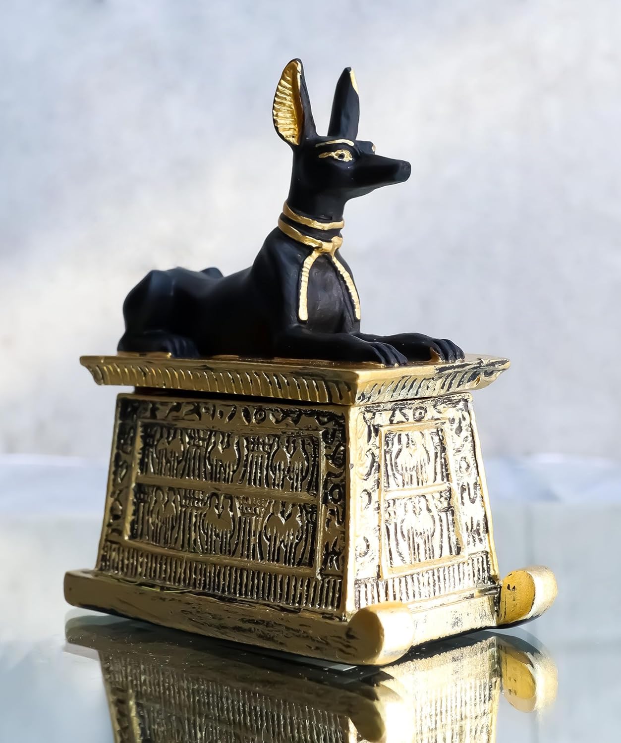 Black And Gold Finish Anubis Dog Cartouche Box Figurine Y6137