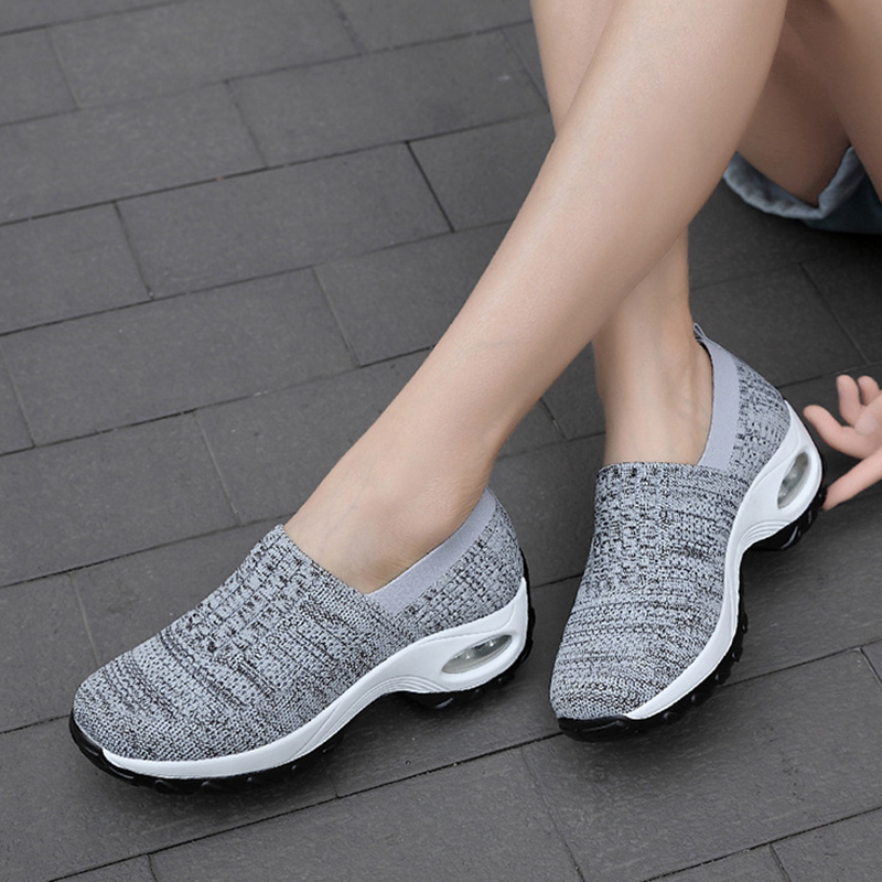 Women's Slip On Air Cushion Platform Sneakers Breathable Knit Walking Shoes Comfort Wedge Casual Loafers