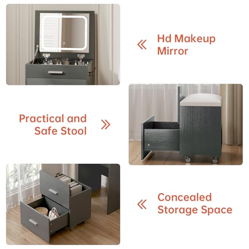 White 3 Drawer Vanity Desk with Mirror and Stool R740783